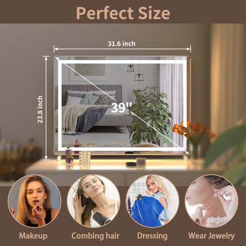 Vanity Mirror with Lights, 32" x 24" LED Makeup Mirror, Lighted Makeup Mirror with Dimmable 3 Modes, Touch Screen Control Vanity Mirror Square Silver