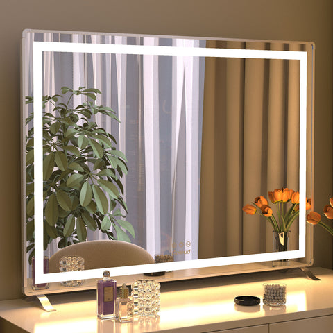 Vanity Mirror with Lights, 32" x 24" LED Makeup Mirror, Lighted Makeup Mirror with Dimmable 3 Modes, Touch Screen Control Vanity Mirror Square Silver