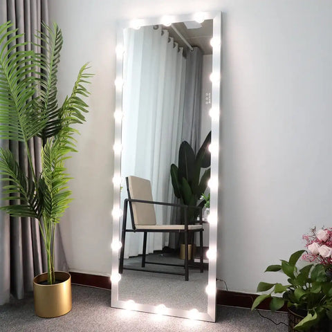 Modern Wall standing Bedroom Hotel Full Length Mirror with LED Bulbs Touch Control Whole Body Dressing Hollywood Vanity Mirror With 3 color Lights - Goteud