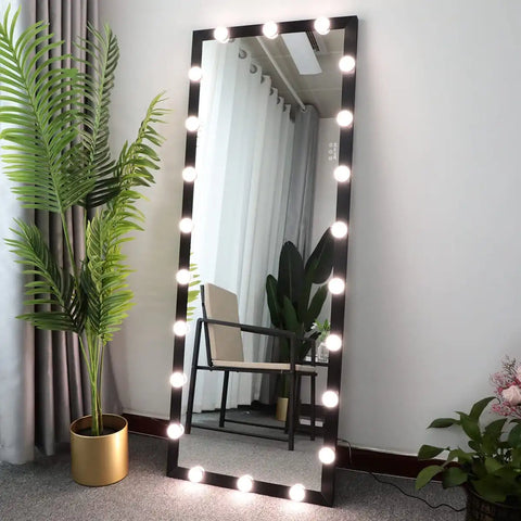 Modern Wall standing Bedroom Hotel Full Length Mirror with LED Bulbs Touch Control Whole Body Dressing Hollywood Vanity Mirror With 3 color Lights - Goteud