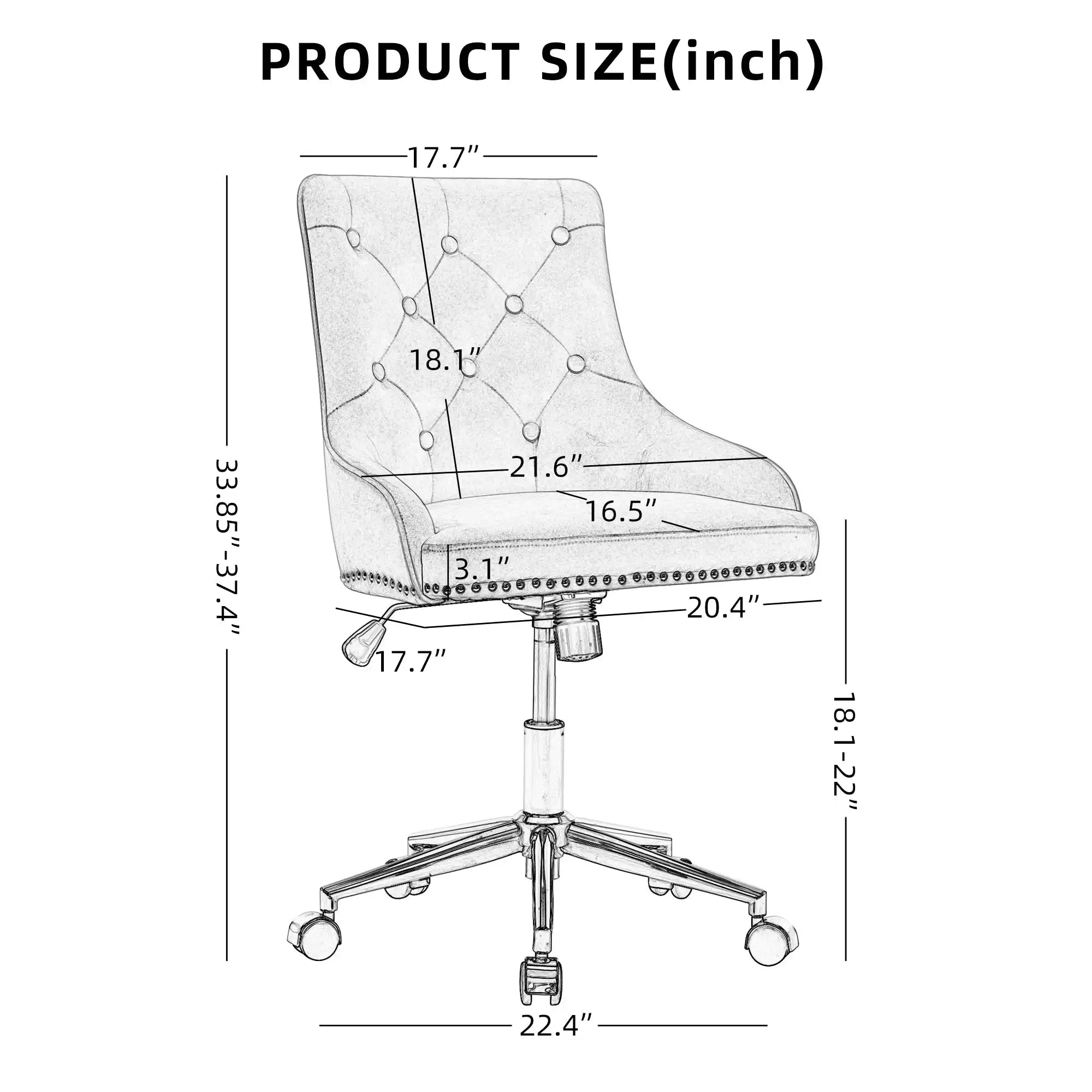 Office Desk Chair with Mid-Back Modern Tufted Velvet Computer Chair Swivel Height Adjustable Accent Chair with Wheels and Metal Base with Arms - Goteud