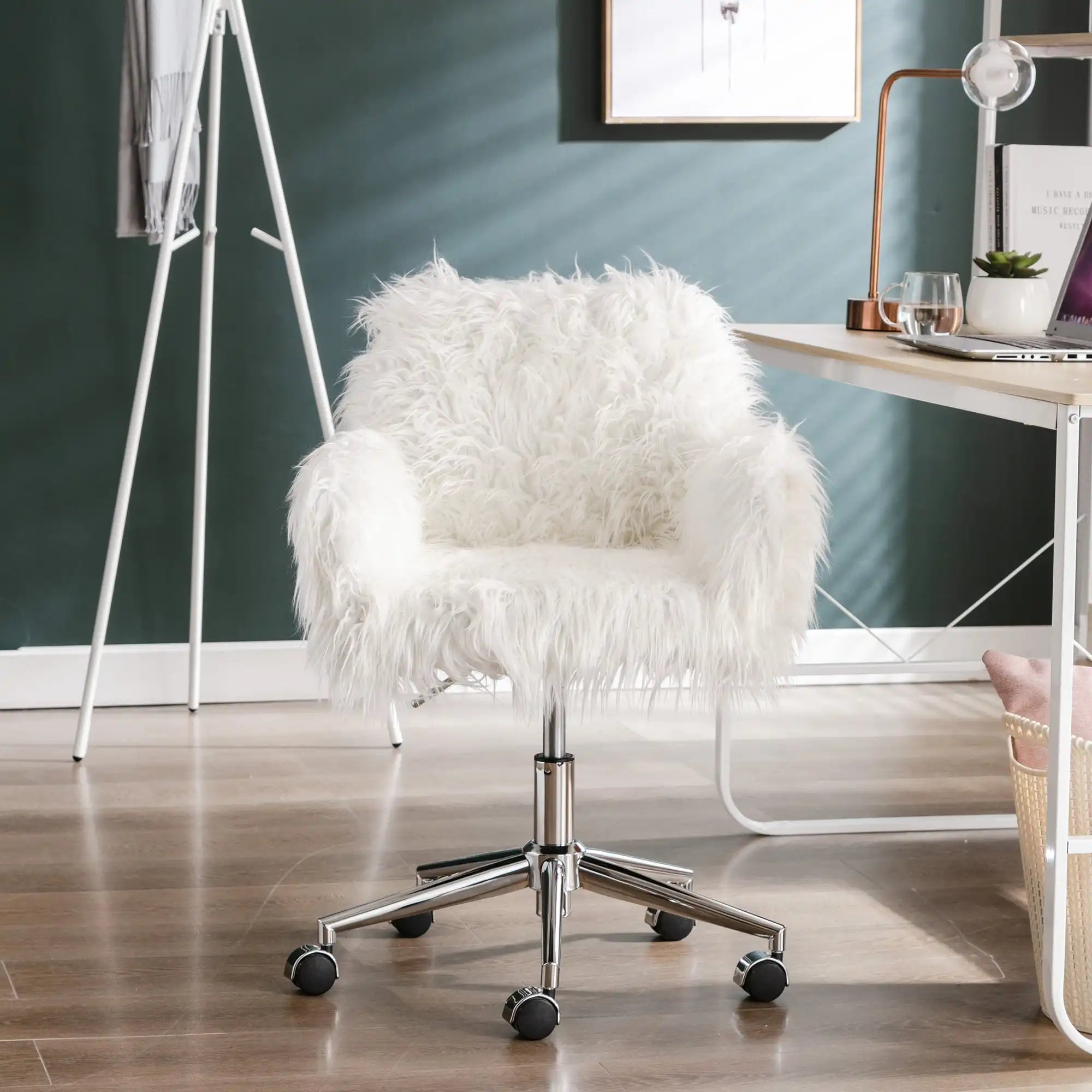 Office Desk Chair with Mid-Back Modern Tufted Velvet Computer Chair Swivel Height Adjustable Accent Chair with Wheels and Metal Base with Arms - Goteud