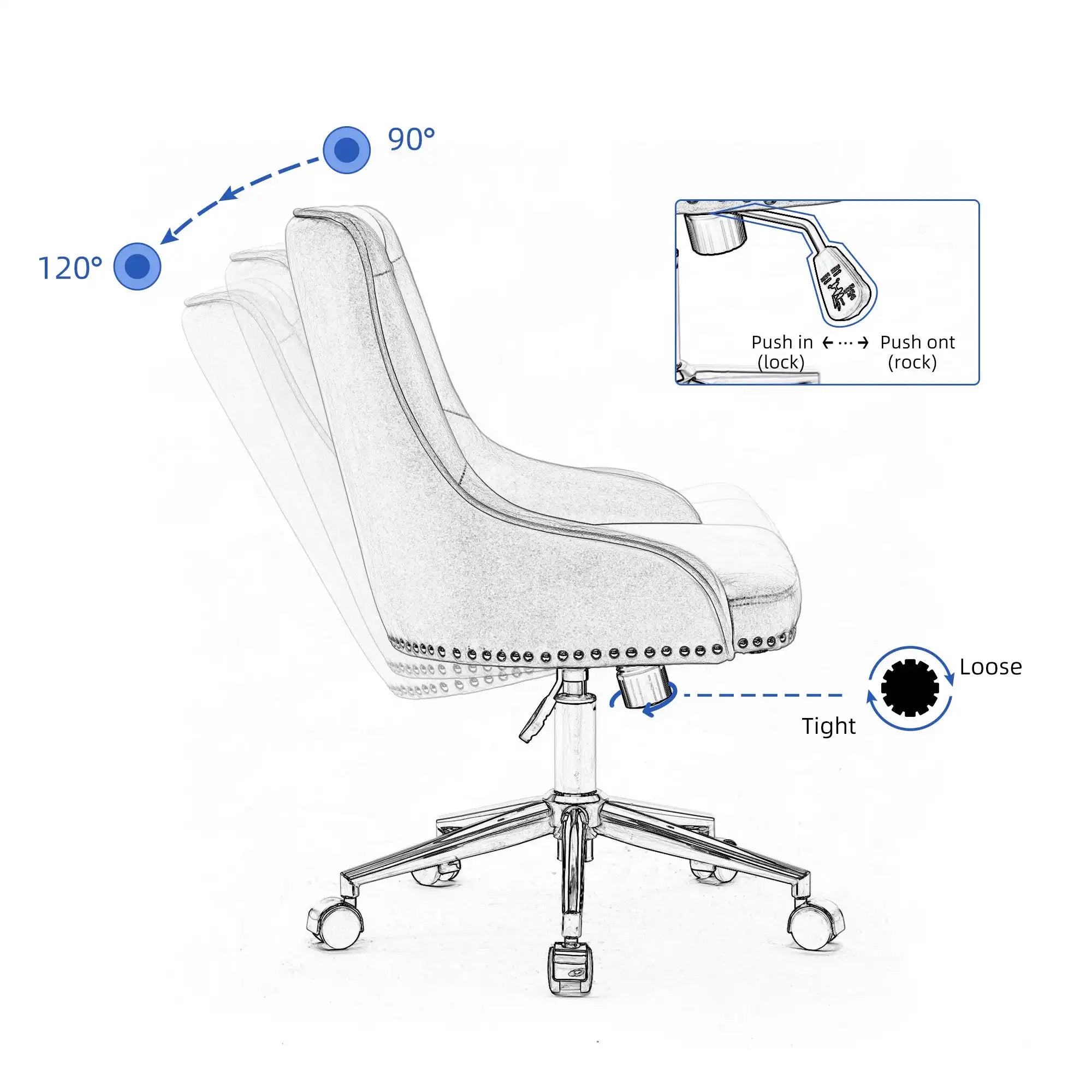 Office Desk Chair with Mid-Back Modern Tufted Velvet Computer Chair Swivel Height Adjustable Accent Chair with Wheels and Metal Base with Arms - Goteud