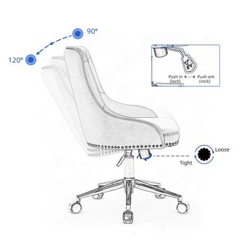 Office Desk Chair with Mid-Back Modern Tufted Velvet Computer Chair Swivel Height Adjustable Accent Chair with Wheels and Metal Base with Arms - Goteud