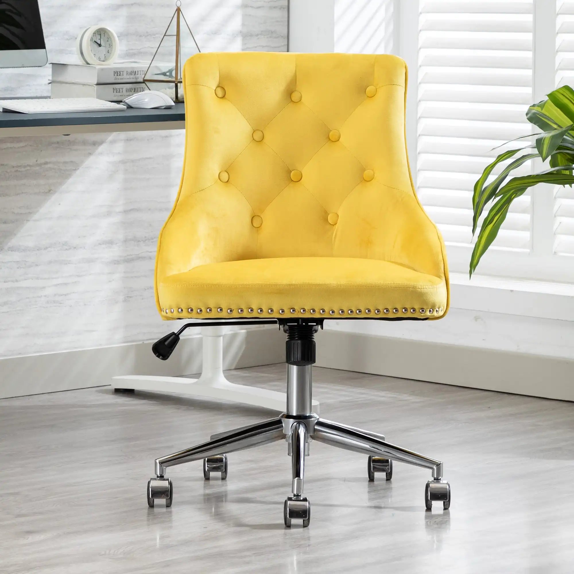 Office Desk Chair with Mid-Back Modern Tufted Velvet Computer Chair Swivel Height Adjustable Accent Chair with Wheels and Metal Base with Arms - Goteud